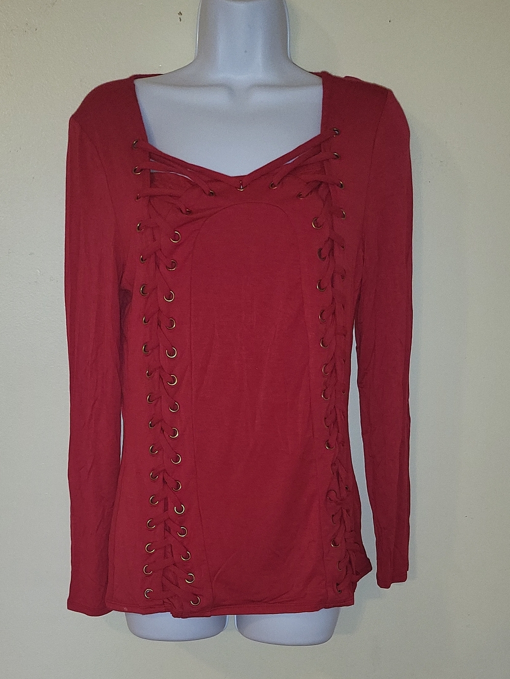 VENUS Red Lace-Up Long Sleeve Knit Top. Never Used
